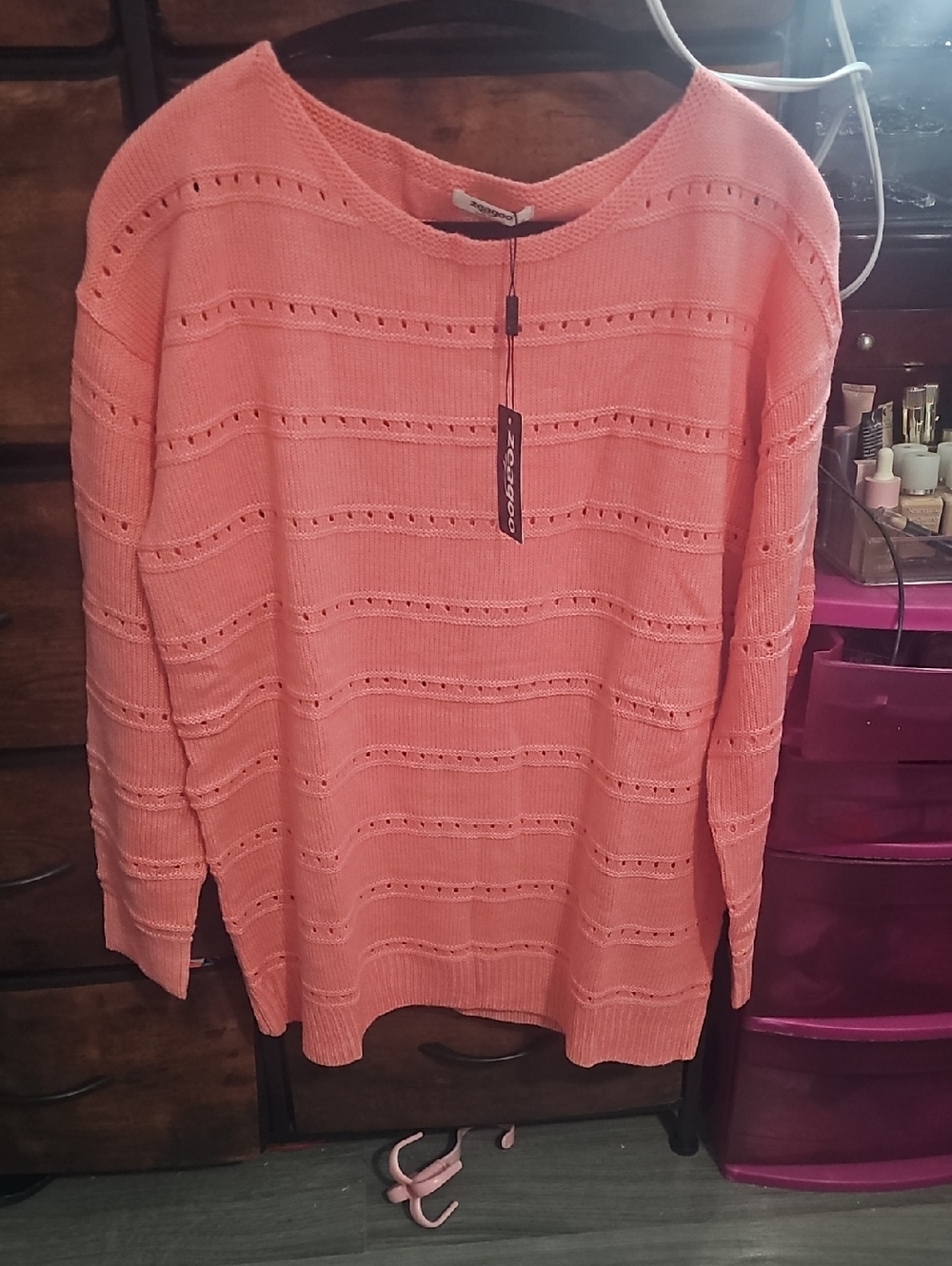 zeagoo Coral Pink Openwork Crewneck Sweater